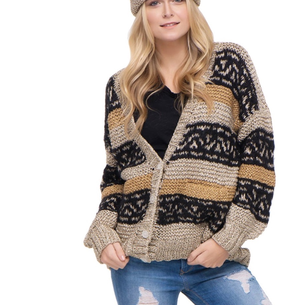 Mes Demoiselles Chunky Knit Striped Cardigan in Black, Gold, Tan - Medium (2)